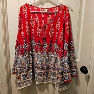 Tasseled Tie Neckline Flared Sleeves Red White Blue Boho Blouse 26/28